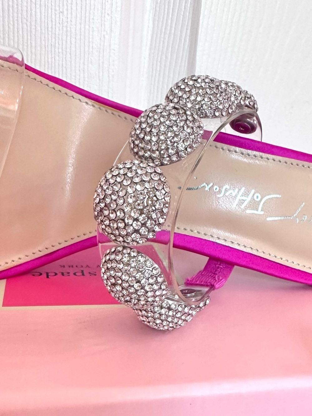 BETSEY JOHNSON ~ Pink Satin Acrylic Platform Shoes w/Silver Rhinestone Accents - Picture 5 of 12